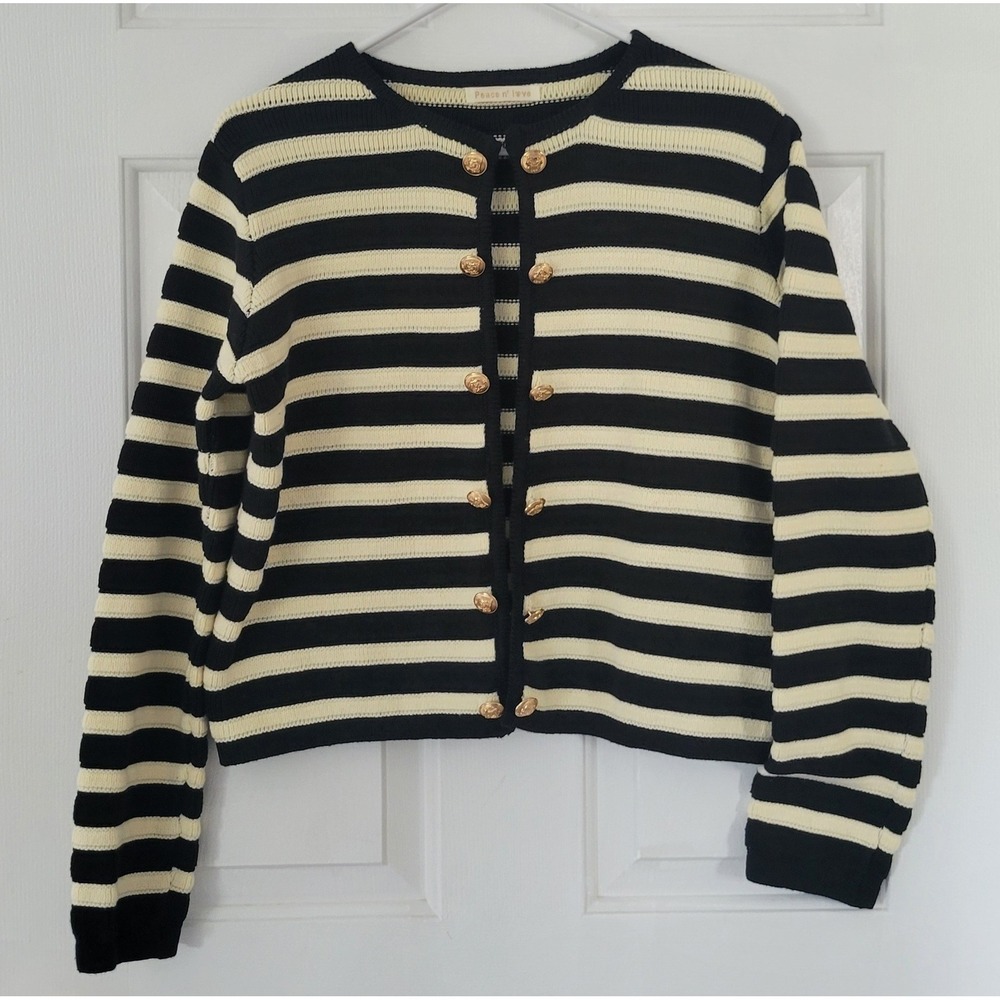 Black Cream Striped Gold Button Open Cardigan Sweater M/L Old Money Coastal Chic